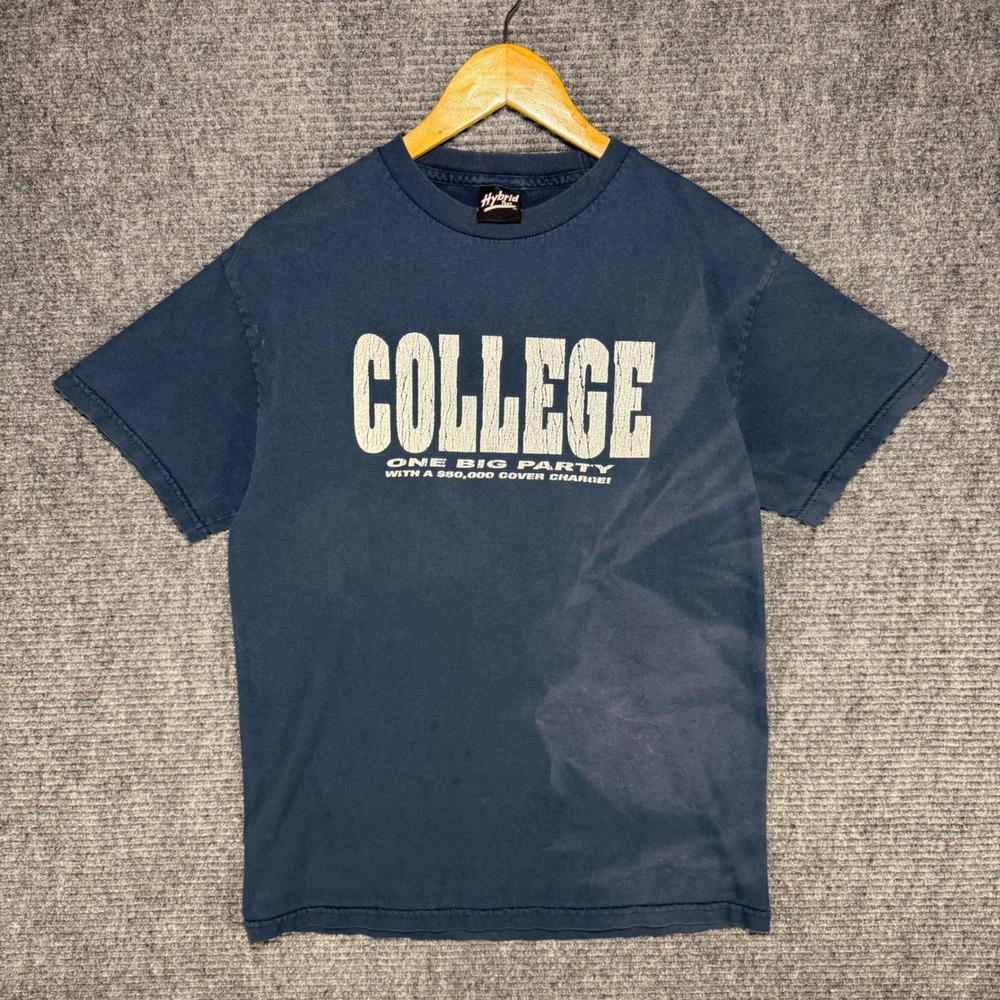 Hybrid Tees Mens College One Big Party Graphic T-Shirt Navy Blue Distressed L